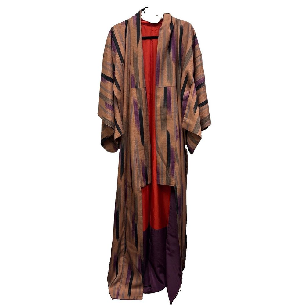 Vintage Long Jacquard Silk Kimono Robe Brown Multicolor Lined 26X55”
